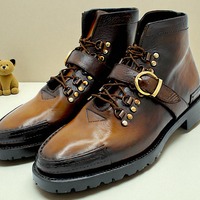 Crafted Leather Men Dress Shoes Brown Patina Leather Ankle High Lace up Monk Strap Boot - Thumbnail 3