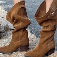 Suede Slouchy Western cowboy boots thick-heeled knight boots - Thumbnail 1