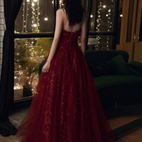 Elegant Wine Red Floral Lace and Tulle Long Party Dress - Thumbnail 2