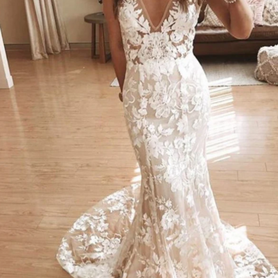 Elegant v neck lace mermaid wedding dresses