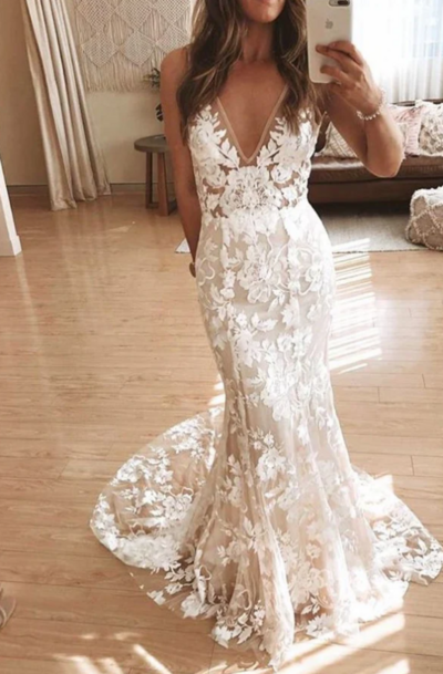 Elegant V Neck Lace Mermaid Wedding Dresses