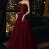 Elegant Wine Red Floral Lace and Tulle Long Party Dress - Thumbnail 1