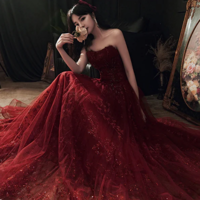 Elegant wine red floral lace and tulle long party dress