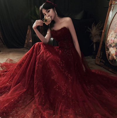 Elegant Wine Red Floral Lace and Tulle Long Party Dress