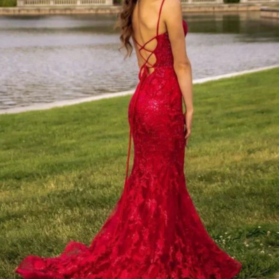 Elegant backless red mermaid lace prom dress