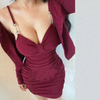 V-neck bow pleated hip suspender dress + cardigan - Thumbnail 4