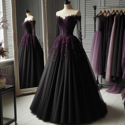 Off the shoulder tulle long formal prom dresses