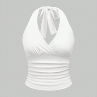 Solid V-neck Backless Halter Crop Top for Women Summer Sexy Y2K Sleeveless Ruched Top Streetwear - Thumbnail 2