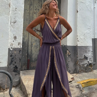Women's Purple Jumpsuit Trimmed Wrap V-Neck High Waist Split Legs Ideal for Beach - Thumbnail 3