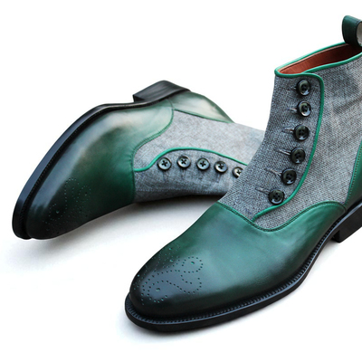 Crafted leather classic green leather and tweed contrast ankle high button boot