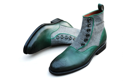 Crafted Leather Classic Green Leather and Tweed Contrast Ankle High Button Boot