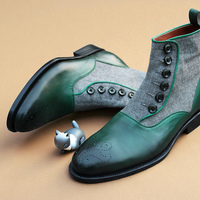 Crafted Leather Classic Green Leather and Tweed Contrast Ankle High Button Boot - Thumbnail 1