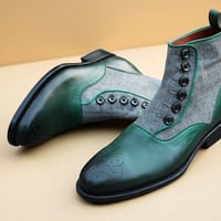Crafted Leather Classic Green Leather and Tweed Contrast Ankle High Button Boot - Thumbnail 2