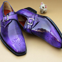 Crafted Leather Luxury Dress Shoes Classic Purple Patina Leather Monk Strap - Thumbnail 1