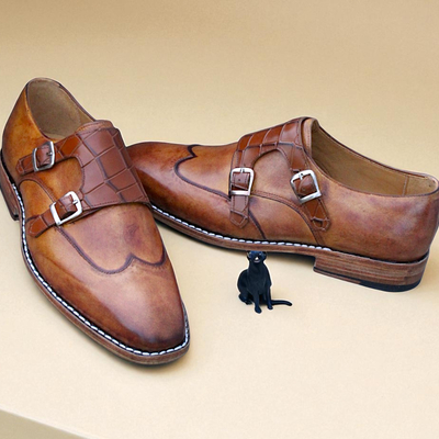Crafted leather handmade brown leather crocodile alligator monk strap wingtip dress shoes - Thumbnail 3