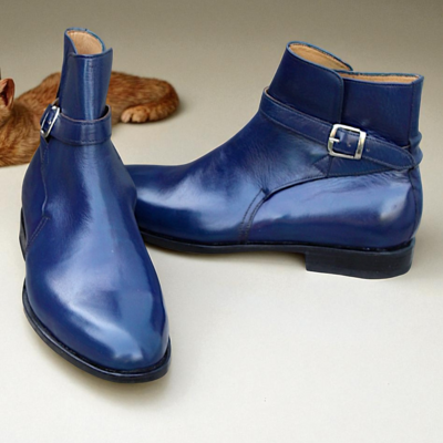 Crafted leather classic blue genuine leather jodhpur buckle strap boot
