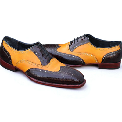 Crafted leather classic men brown camel leather wingtip oxford dress lace up shoes - Thumbnail 2