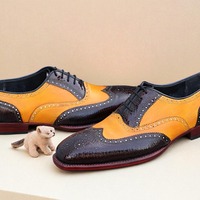 Crafted Leather Classic Men Brown Camel Leather Wingtip Oxford Dress Lace up Shoes - Thumbnail 1