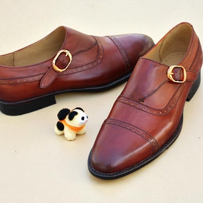 Crafted leather men brown leather monk strap dress shoes - Thumbnail 2