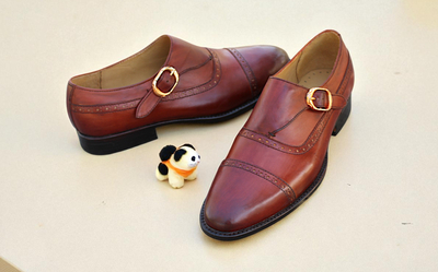 Crafted Leather Men Brown Leather Monk Strap Dress Shoes