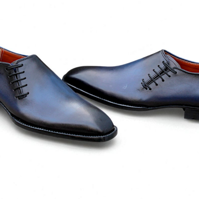 Crafted leather blue leather side laces oxford dress shoes - Thumbnail 2