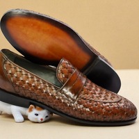 Crafted Leather Handmade Men Brown Woven Leather Moccasin Loafers Formal Dress Shoes - Thumbnail 1