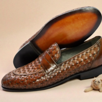 Crafted Leather Handmade Men Brown Woven Leather Moccasin Loafers Formal Dress Shoes - Thumbnail 2