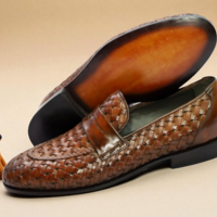 Crafted Leather Handmade Men Brown Woven Leather Moccasin Loafers Formal Dress Shoes - Thumbnail 3
