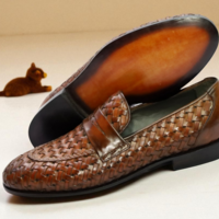 Crafted Leather Handmade Men Brown Woven Leather Moccasin Loafers Formal Dress Shoes - Thumbnail 4