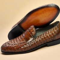 Crafted Leather Handmade Men Brown Woven Leather Moccasin Loafers Formal Dress Shoes - Thumbnail 5
