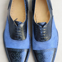 Crafted Leather Men Blue Suede Black Leather Oxford Dress Shoes - Thumbnail 1