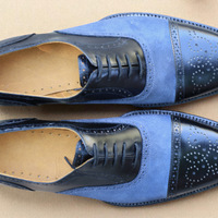 Crafted Leather Men Blue Suede Black Leather Oxford Dress Shoes - Thumbnail 3