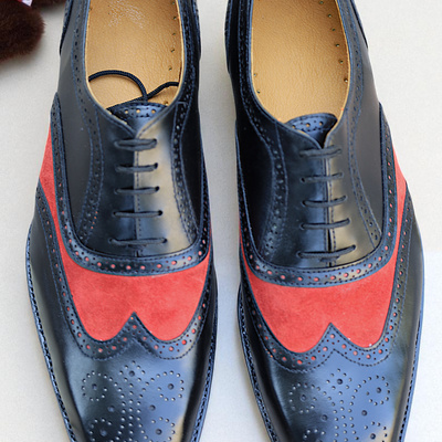 Crafted leather red suede black leather wingtip oxford lace up formal dress shoes - Thumbnail 2