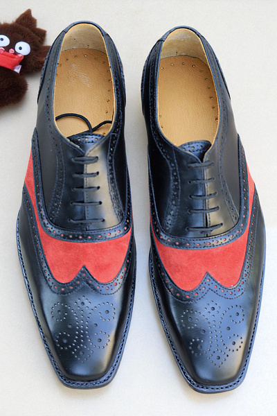 Crafted Leather Red Suede Black Leather Wingtip Oxford Lace up Formal Dress Shoes