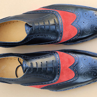Crafted Leather Red Suede Black Leather Wingtip Oxford Lace up Formal Dress Shoes - Thumbnail 1