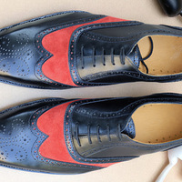 Crafted Leather Red Suede Black Leather Wingtip Oxford Lace up Formal Dress Shoes - Thumbnail 3