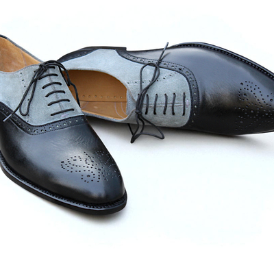 Crafted leather black gray suede leather oxford dress shoes - Thumbnail 1