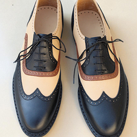 Crafted Leather Black Tan Leather Wingtip Oxford Lace up Dress Shoes - Thumbnail 1