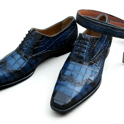 Crafted leather blue crocodile leather alligator dress shoes - Thumbnail 2