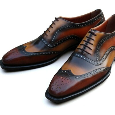 Crafted leather multi color leather wingtip oxford dress shoes - Thumbnail 1