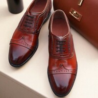 Crafted Leather Genuine Calf Leather Wingtip Oxford Lace up Dress Shoes - Thumbnail 1