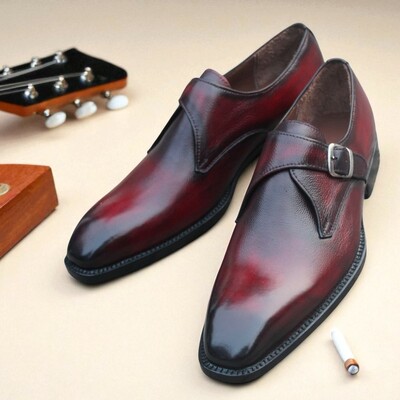 Crafted leather dark burgundy patina leather monk strap dress shoes - Thumbnail 1