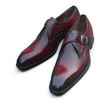 Crafted Leather Dark Burgundy Patina Leather Monk Strap Dress Shoes - Thumbnail 1