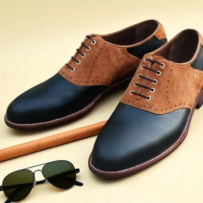 Crafted leather black leather brown suede saddle oxford dress golf shoes - Thumbnail 2