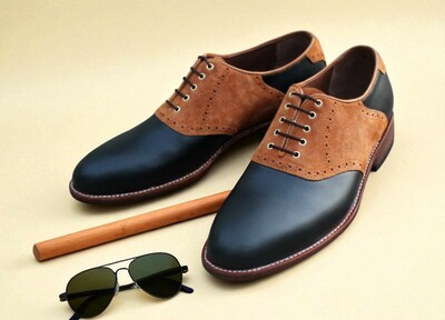 Crafted Leather Black Leather Brown Suede Saddle Oxford Dress Golf Shoes