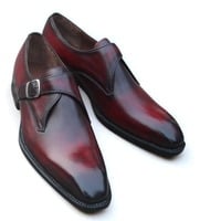Crafted Leather Dark Burgundy Patina Leather Monk Strap Dress Shoes - Thumbnail 2