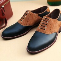 Crafted Leather Black Leather Brown Suede Saddle Oxford Dress Golf Shoes - Thumbnail 1