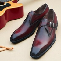 Crafted Leather Dark Burgundy Patina Leather Monk Strap Dress Shoes - Thumbnail 3