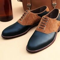 Crafted Leather Black Leather Brown Suede Saddle Oxford Dress Golf Shoes - Thumbnail 2