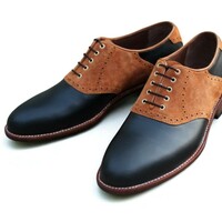 Crafted Leather Black Leather Brown Suede Saddle Oxford Dress Golf Shoes - Thumbnail 3